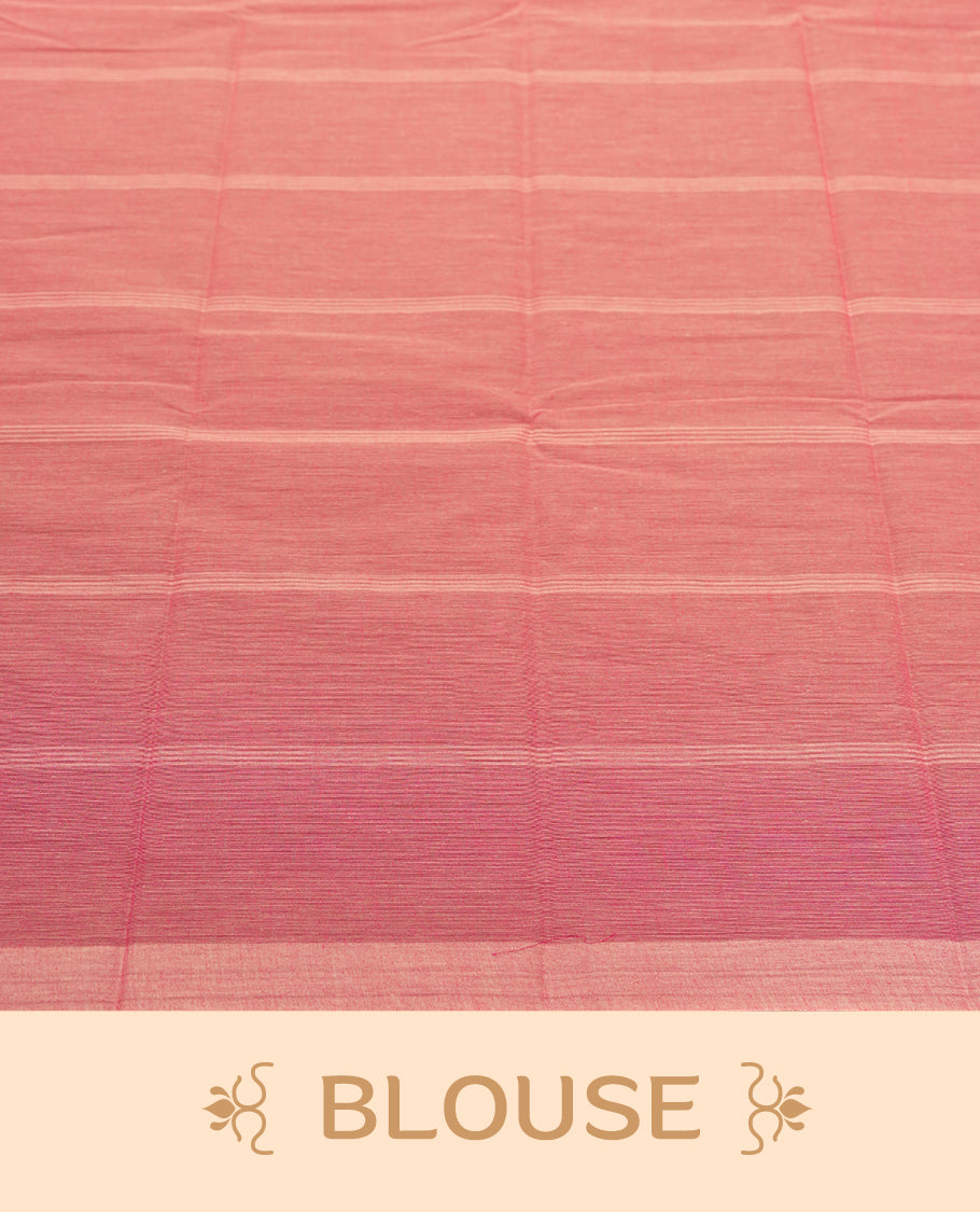 Light Pink Colour Silk Cotton Saree with cream Checkered Body, Contrasting cream Striped Pallu & Border, Multi-Line Patterns, and Matching Striped Blouse Piece