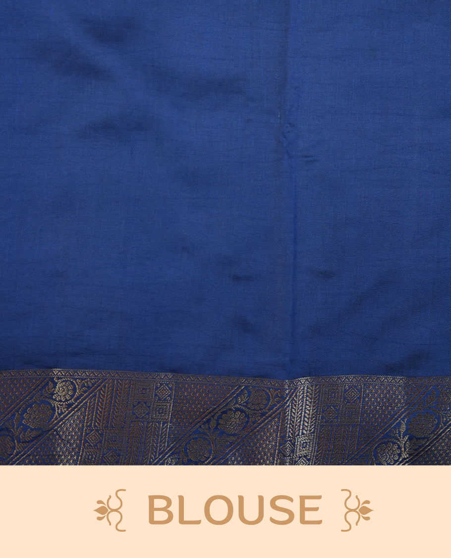 Dark green colour Pure tussar Banarasi saree featuring Gold zari motifs on body, a contrast navy blue colour gold zari border, and a matching blouse piece.