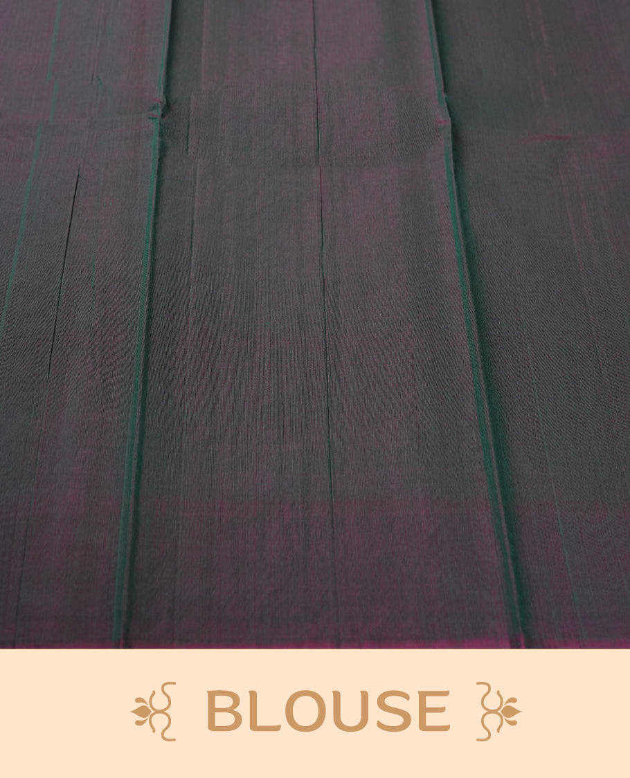 Teal colour pure handloom cotton saree featuring fine golden stripes with delicate motifs, paired with a rich zari purple double shaded border for a traditional yet elegant look, perfect for graceful occasions & Comes with matching blouse.