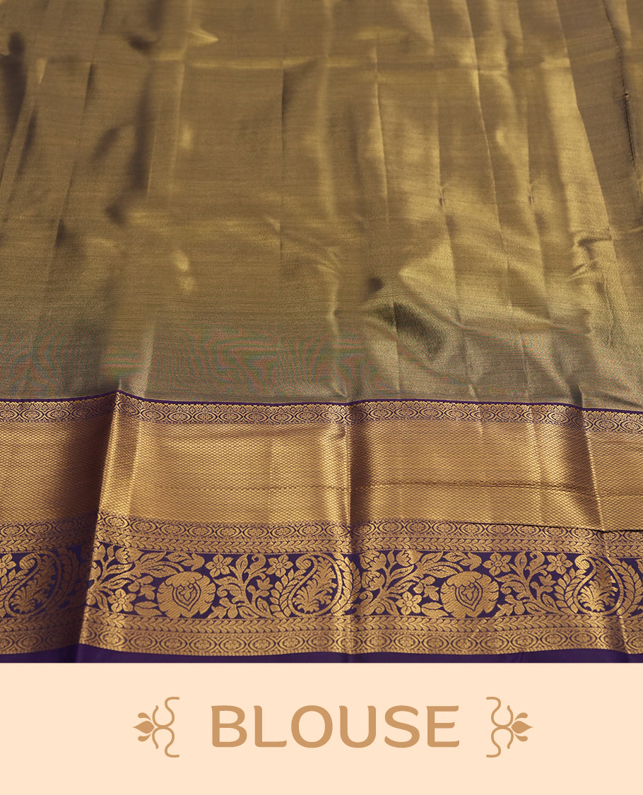 Light green colour and Antique silver Zari Tissue Brocade Saree features intricate floral Motifs on body and navy blue colour traditional border & pallu with floral patterns, paired with matching blouse
