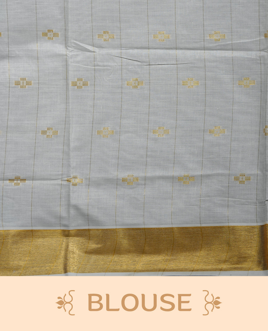 Off white colour cotton Kerala saree featuring a stripes and small buttas on body, a refined kasavu border, paired with a matching blouse.