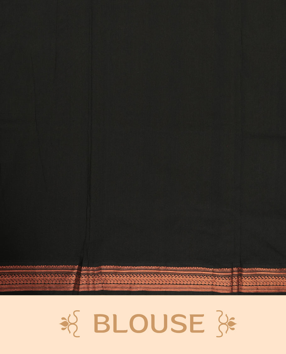 Deep maroon colour Kalyani cotton saree featuring delicate zari motifs work on the body, highlighted with an elegant contrast black zari woven border & Paired with a matching blouse.