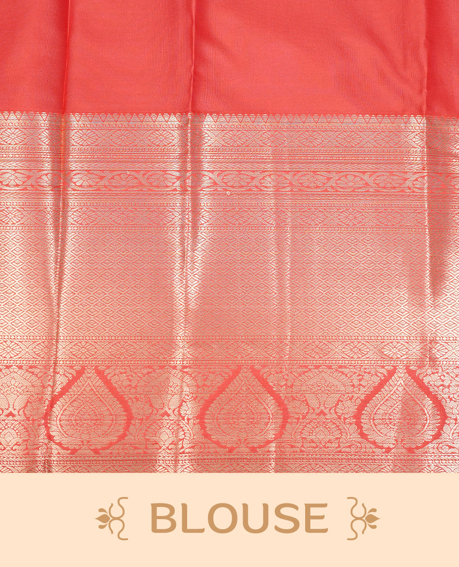 Red Colour Wedding Silk Saree Featuring Gold zari pattern on body, complemented by traditional Zari pattern on self colour border with Green colour piping, paired with matching blouse piece.