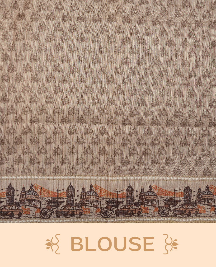 Khaki colour semi tusser silk saree featuring contrast cream colour London bridge printed pattern border and paired with matching blouse.