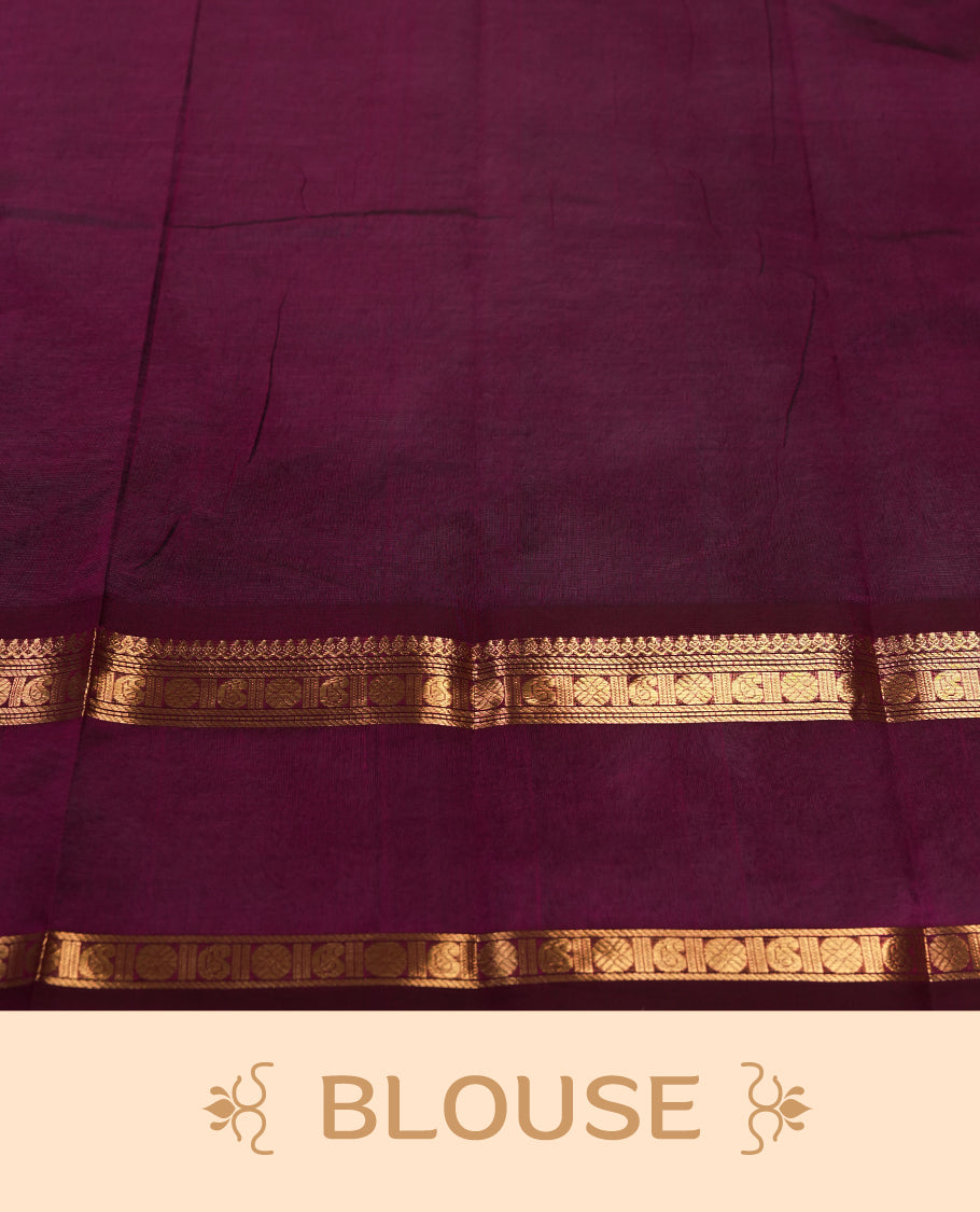 Deep Magenta colour pure Kanchi cotton saree featuring with delicate golden checks on body, paired with a contrasting deep maroon zari woven border & Includes a matching blouse piece for a complete look.