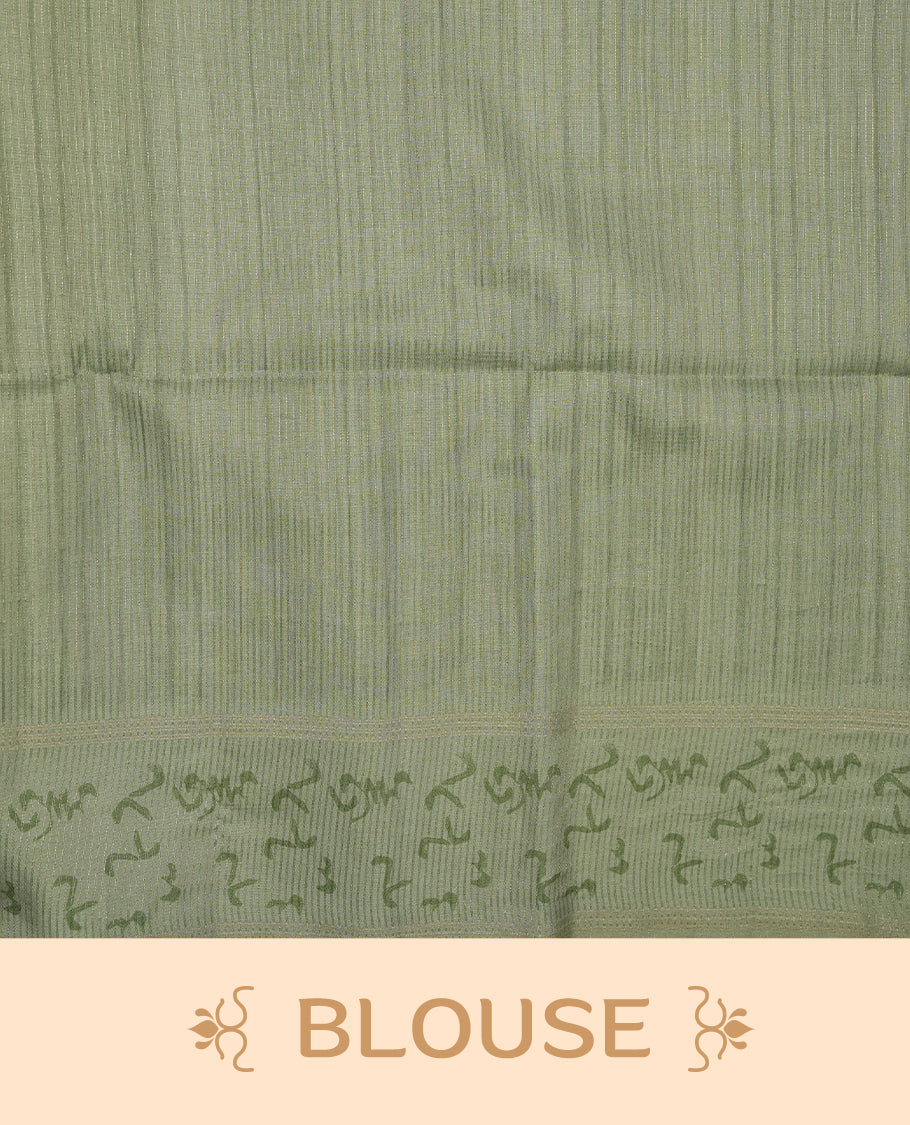 Green colour semi tusser silk saree featuring geometric print pattern across body, gold zari border with style motifs and paired with matching blouse.