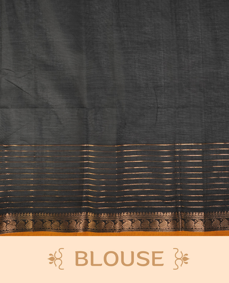Black colour chettinad cotton saree featuring gold zari stripes on body, complemented by yellow piping with gold zari border, paired with matching blouse piece.