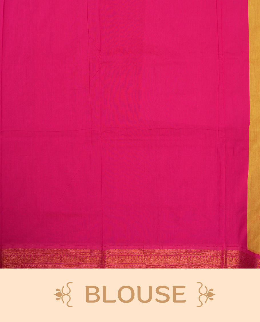 Royal yellow colour Kalyani cotton saree with vibrant pink contrast zari border, beautifully adorned with intricate weaving & Paired with blouse.