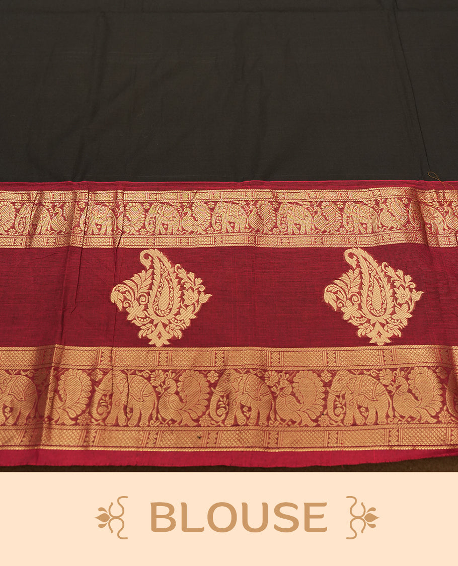 Maroon colour Silk Cotton Saree with Antique Gold Zari Borders Showcasing Elephant and Peacock Motifs, Subtle Self-Weave on the Body, and a Coordinated Matching Blouse Piece