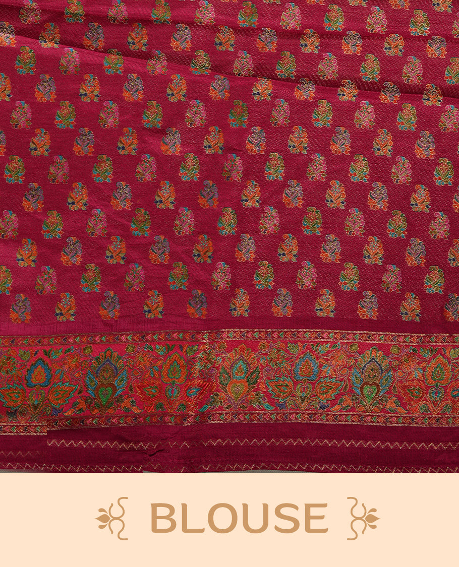 Black colour Pashmina silk saree densely woven with intricate multicolour floral motifs across the body, framed by an opulent arabesque border and grand storytelling pallu, paired with a matching woven border blouse piece