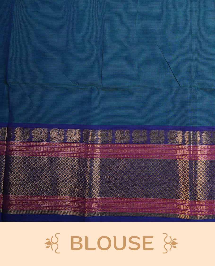 Peacock colour chettinad cotton saree featuring Plain body, complemented by Violet & Pink Colour With Gold Zari border, paired with matching blouse piece.