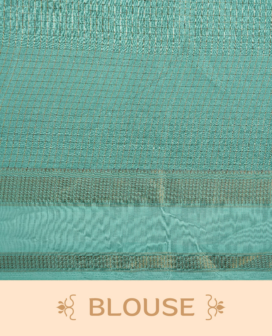 Teal colour saree featuring fine check patterns on the body, paired with contrast Light Aqua colour zari woven border and pallu. Comes with a matching blouse piece