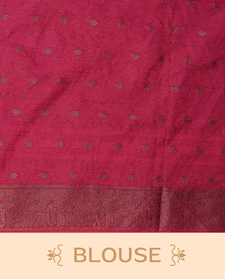 Rani Pink colour semi linen saree with elegant gold zari Leaf motifs across the body, complemented by a contrast colour with grand gold zari pallu and a borderless design, paired with a matching blouse piece.