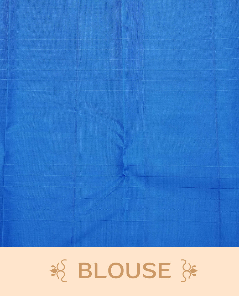 Blue colour soft silk saree featuring Rose Gold Zari Motifs on body, complemented by contrast Blue with Rose Gold border, paired with matching blouse piece.