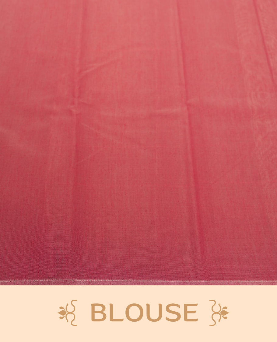 Coral Pink Cotton Saree with Silver Teardrop Butta Body, Featuring Ornamental Zari-Woven Border with Circular Medallion Pattern on Grand Pallu, Paired with Matching Coral/Pink Plain Blouse Piece