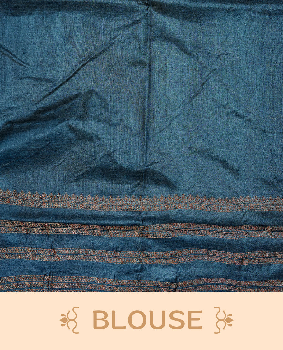 Golden Cream Colour Banaras tussar silk saree featuring Antique zari Motifs on body, Complemented by Blue colour variant with zari border, paired with matching blouse Piece.
