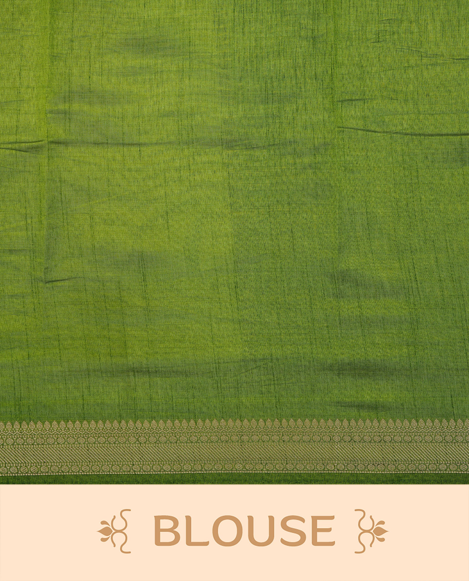 Cream colour Semi Tussar silk saree featuring an elegant plain body, accentuated by a contrast green border adorned with intricate gold zari work, paired with a matching blouse piece.