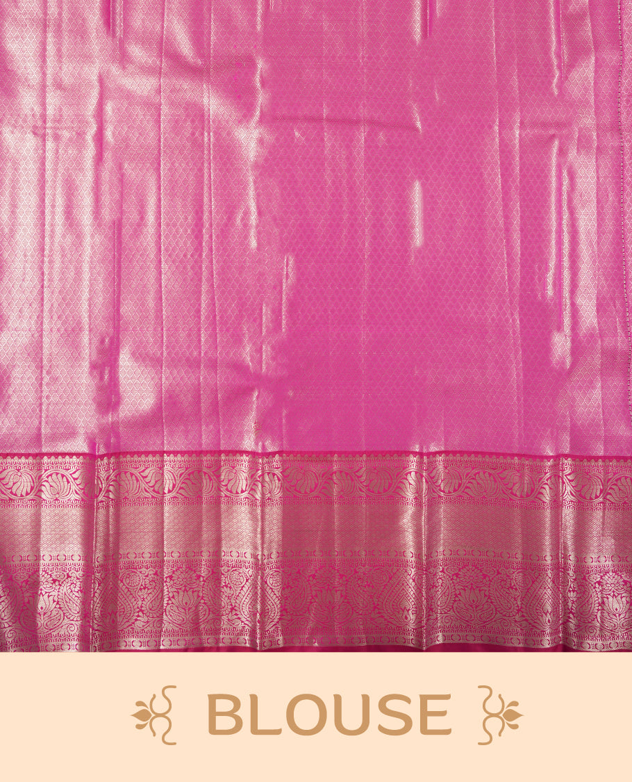 Bright pink colour and silver Zari Tissue Brocade Saree features intricate floral Motifs on body and dark pink contrast with silver traditional border & pallu, paired with matching blouse