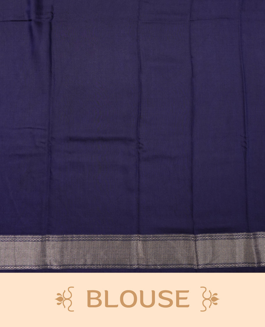 Navy blue colour Viscos semi printed saree featuring a light golden zari border, abstract Off white printed motifs on the body, and comes with a matching blouse