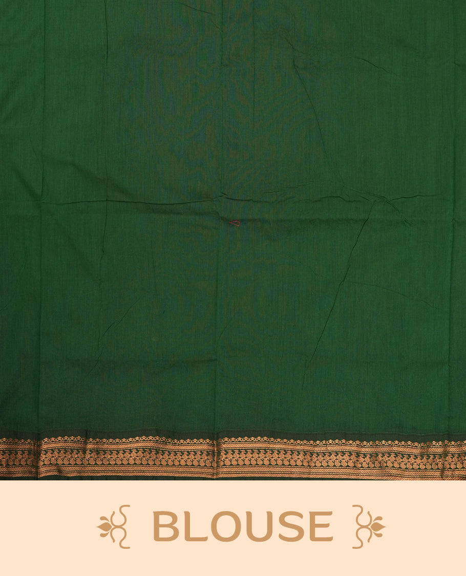 Lemon green colour Kalyani Cotton saree with rich green colour border with peacock motifs on pallu, featuring copper zari and intricate weaving & Includes a matching blouse piece.