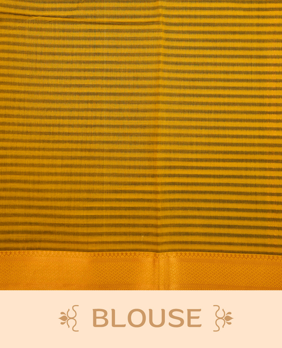 Yellow Colour Mangalagiri cotton saree featuring elegant Grey stripes Across The Body , a Two Inch Gold zari border & Gold Zari Pallu, Paired With a matching blouse piece.