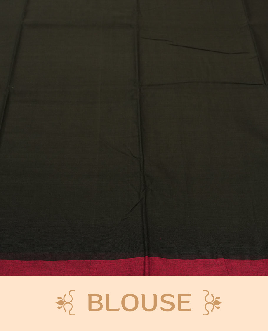 Black colour Narayanapattu cotton saree featuring a self coloured body, maroon coloured zari pattern border and maroon striped colour pallu, pairing a matching blouse piece.