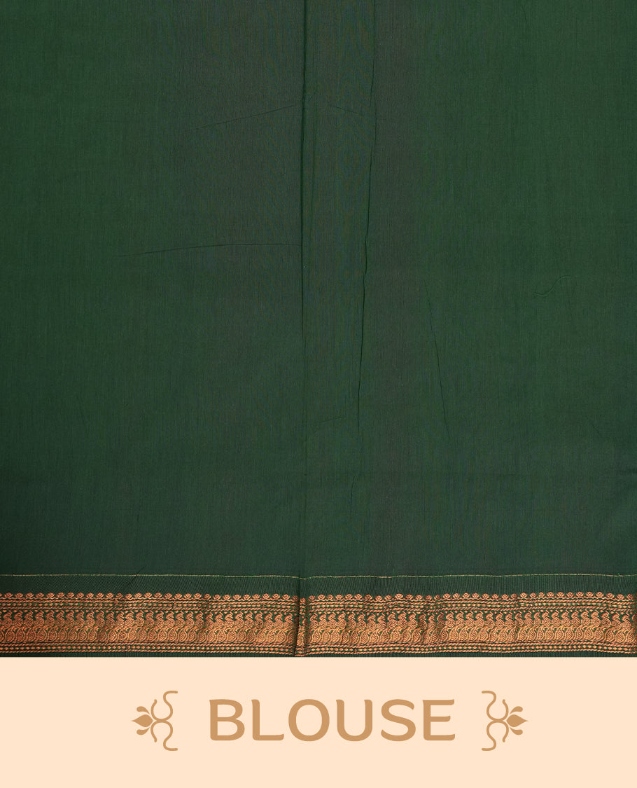 Maroon colour Kalyani cotton saree with zari motifs all over, paired with a contrasting green rich peacock copper zari woven border and pallu & comes with a matching blouse piece.