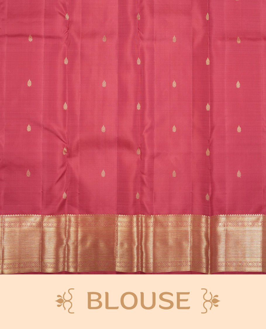 Onion Pink colour Kanchipuram Samudrika Silk Saree featuring Floral kodi pattern weaving with gold zari jacquard and a traditional zari border, paired with a matching designer jacquard blouse piece