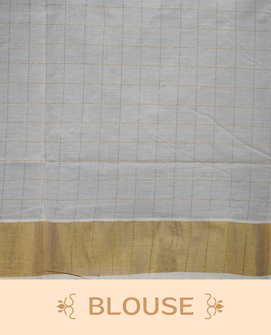 Off-white colour cotton Kerala saree with a classic gold kasavu border, highlighted by subtle gold checks and playful black & mustard polka dot motifs across the body and pallu, paired with a matching blouse.