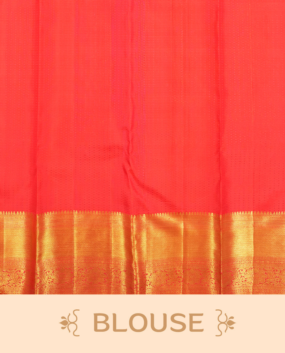 Red colour Kanchipuram Samudrika Silk Saree featuring Floral kodi pattern weaving with gold zari jacquard and a traditional zari border, paired with a matching designer jacquard blouse piece