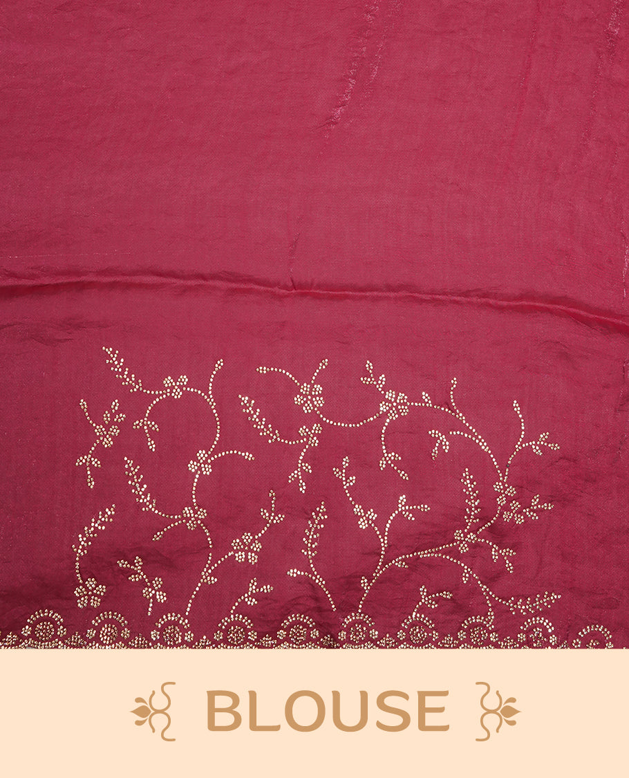 Cranberry pink Colour velvet Chiffon Designer Saree featuring Delicate White Stone motifs on Body, with Stone Detailing on the Border and Pallu, paired with a Matching Blouse.