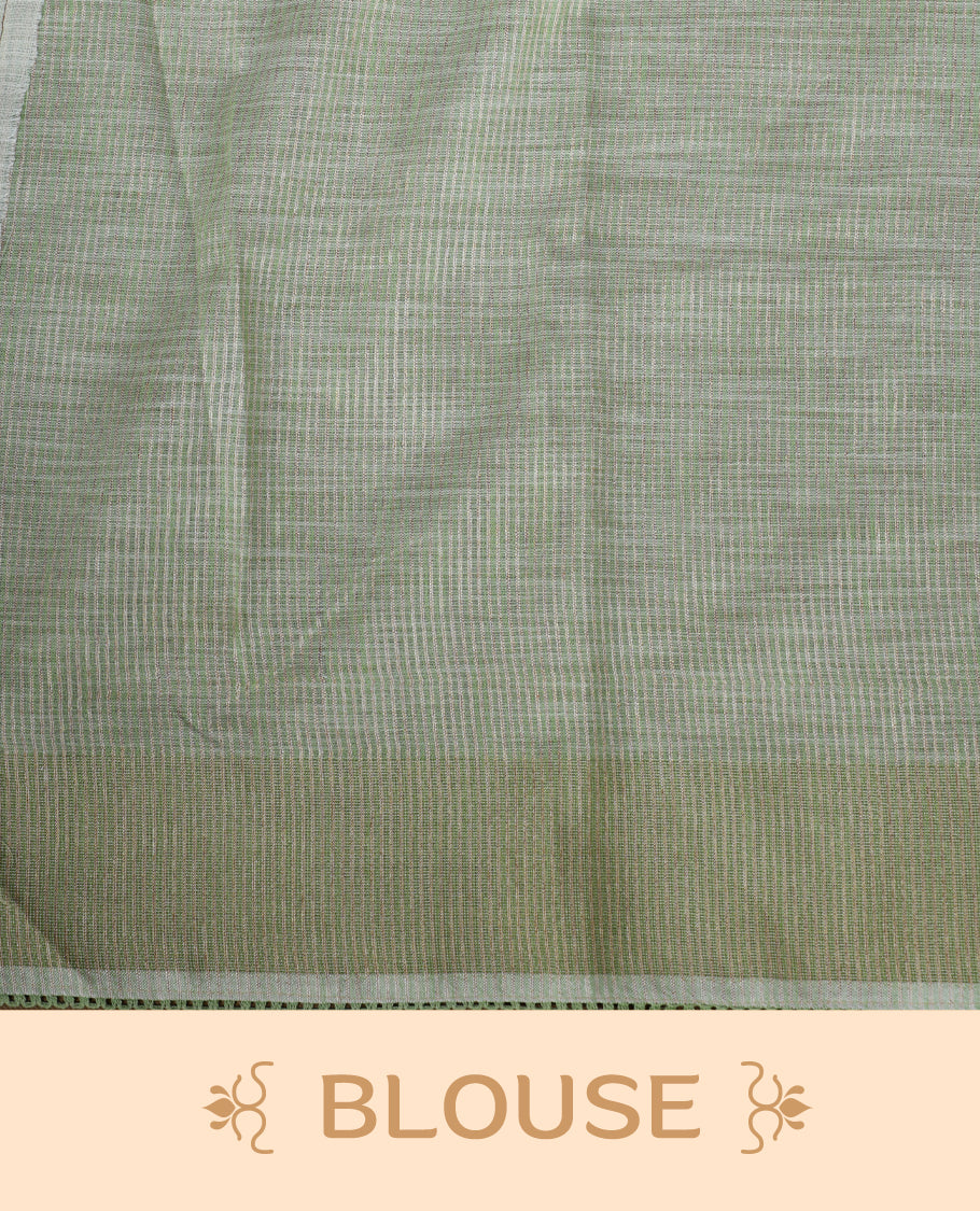 Cream colour cotton linen silk saree featuring Floral & brids printed pattern on body, golden simple border with green colour pallu and comes with a matching blouse