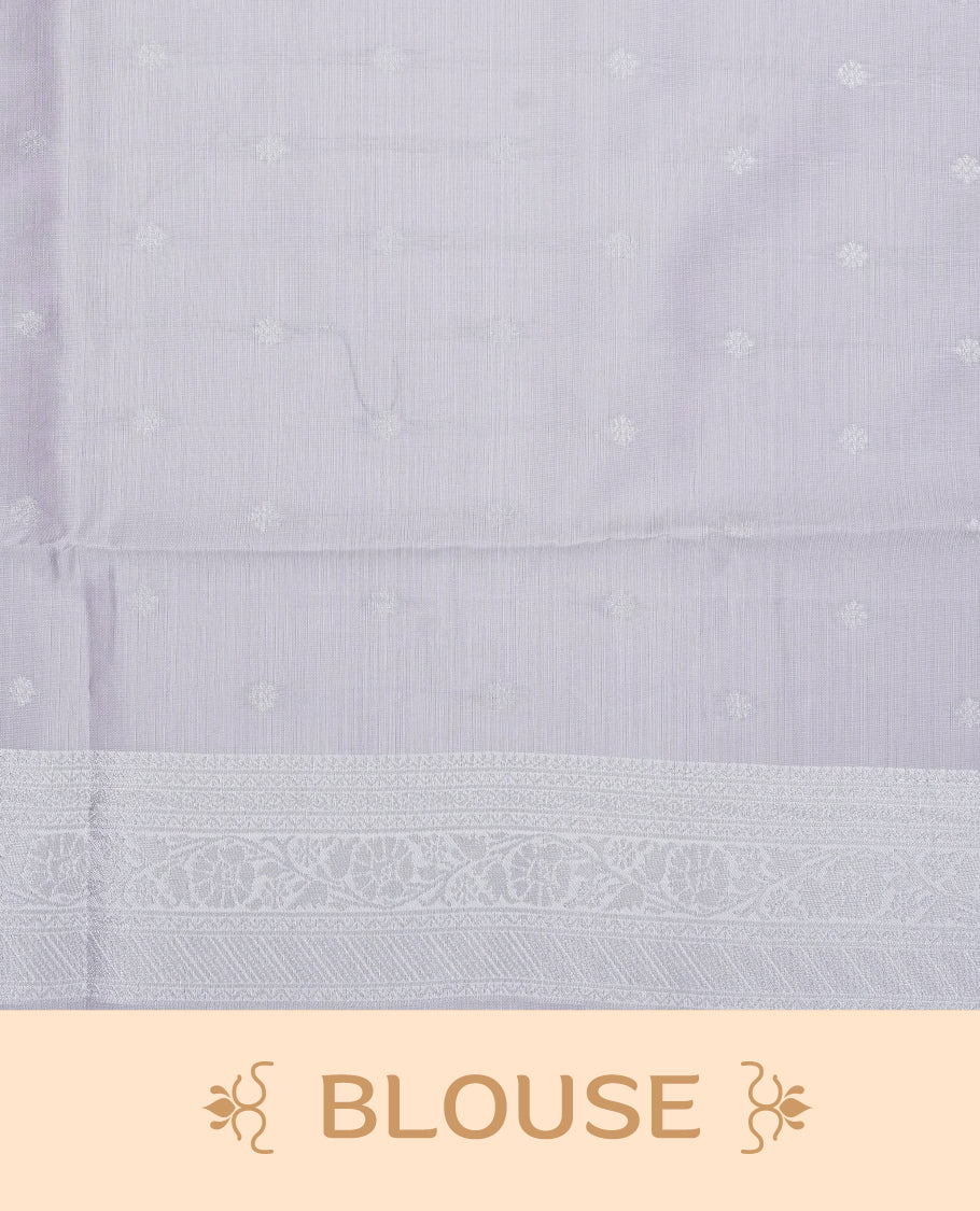 Pink colour semi silk saree featuring Silver zari Geometric pattern on body, complemented by contrast Lavender colour with silver zari border, comes with matching blouse piece.