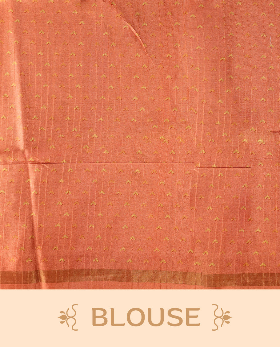 Grey & orange saree adorned with golden buttas, complemented by a rich orange zari border and pallu with floral motifs, paired with a matching blouse.