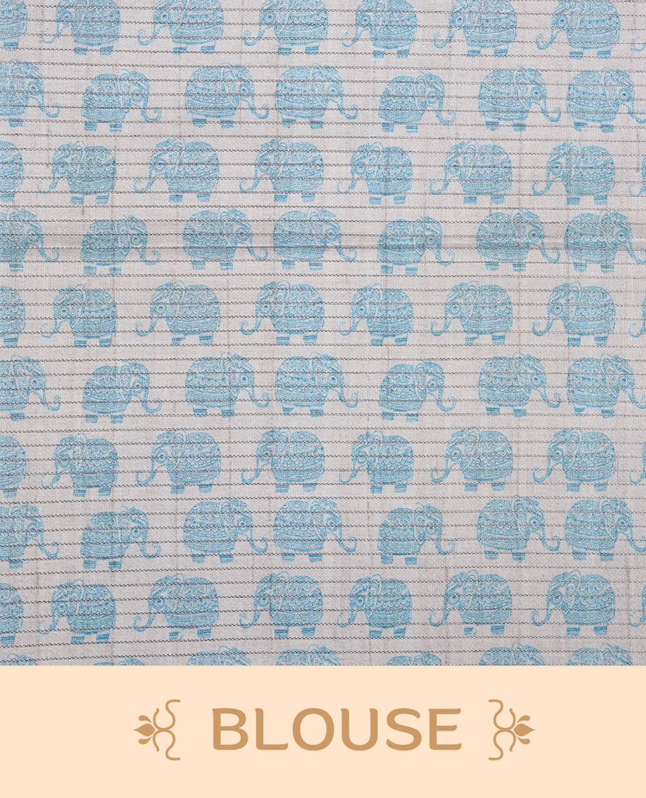 Sky-blue and off-white colour semi tussar silk saree featuring an all-over elephant motif print across the body, complemented by a contrasting blue pallu and border, and paired with a matching blouse piece.