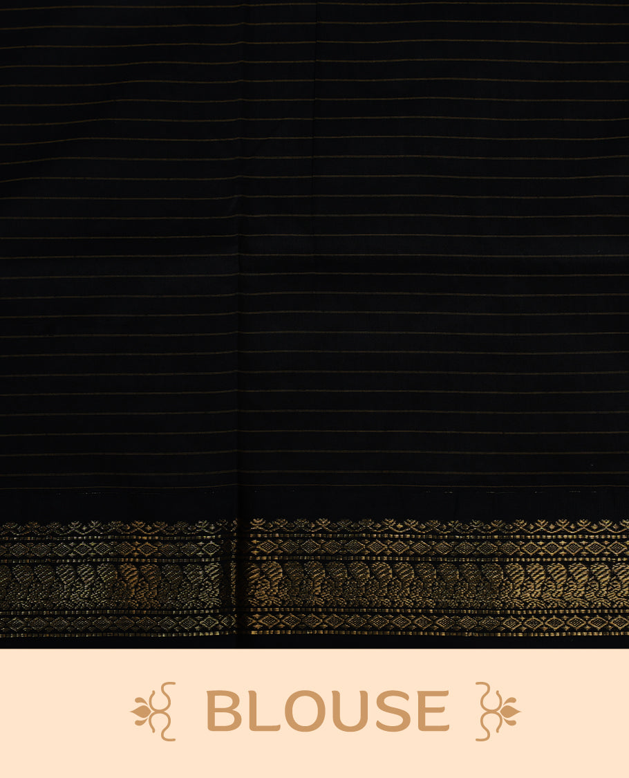 Maroon colour kalyani cotton saree featuring Antique zari check pattern on body, contrast Black colour border with antique zari pattern, paired with matching blouse piece.