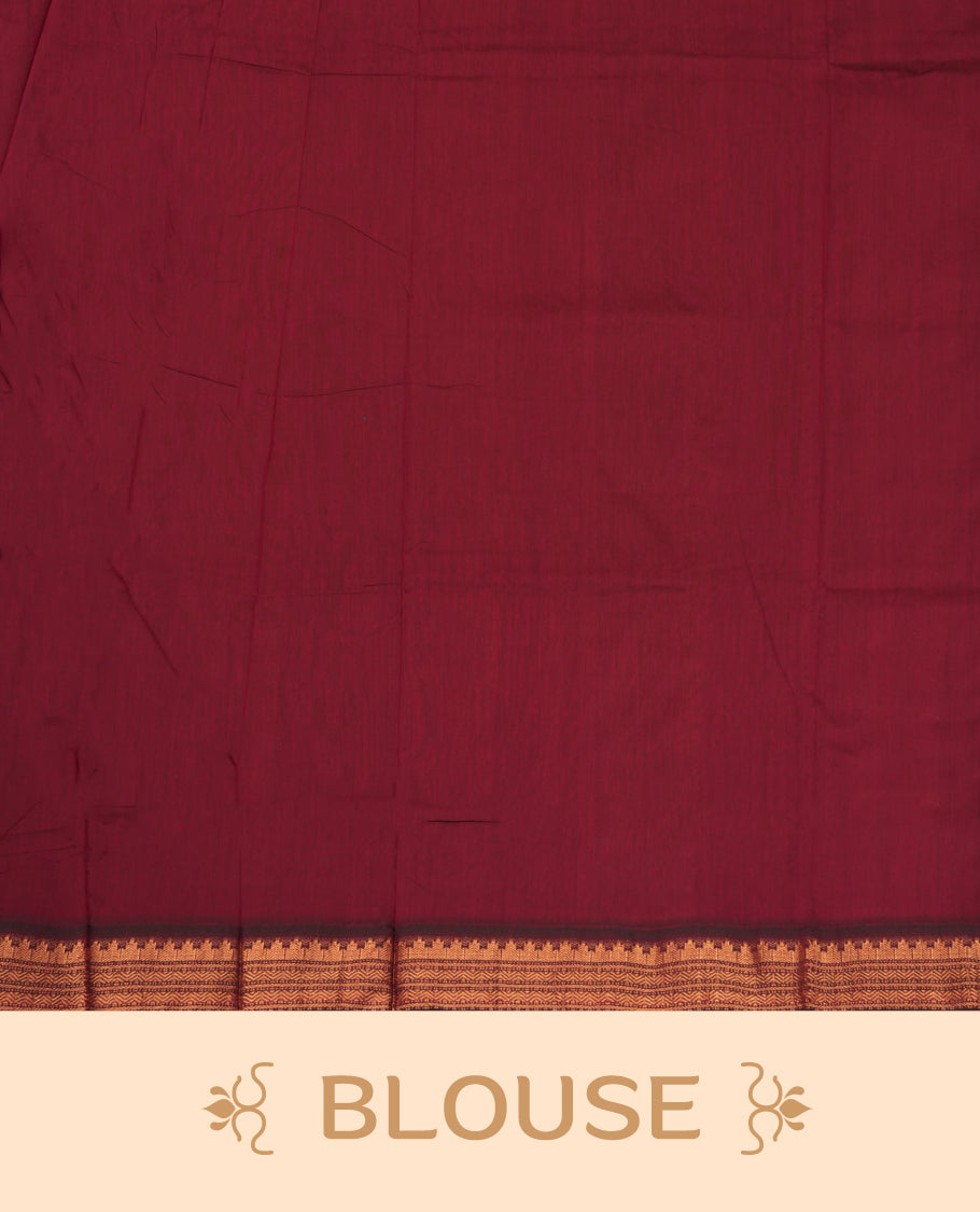 Lemon green colour Kalyani Cotton saree with rich maroon colour border with temple motifs on pallu, featuring copper zari and intricate weaving & Includes a matching blouse piece.