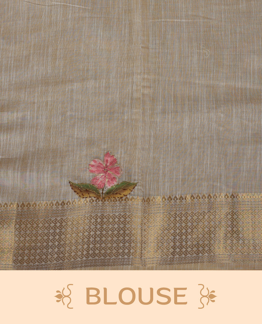 Beige colour Banarasi linen silk saree featuring hand brushed colour with Floral & birds printed pattern on body, gold zari woven geometric design border with self colour pallu and comes with a matching blouse