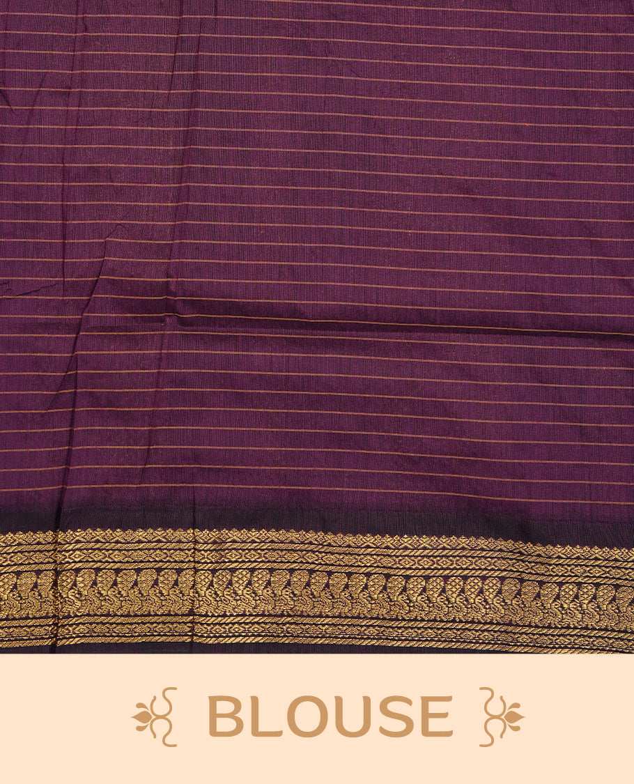 Orange colour Kalyani cotton saree featuring Gold zari check pattern on body, complemented by Contrast Purple colour with grand gold zari border & pallu, matching blouse piece