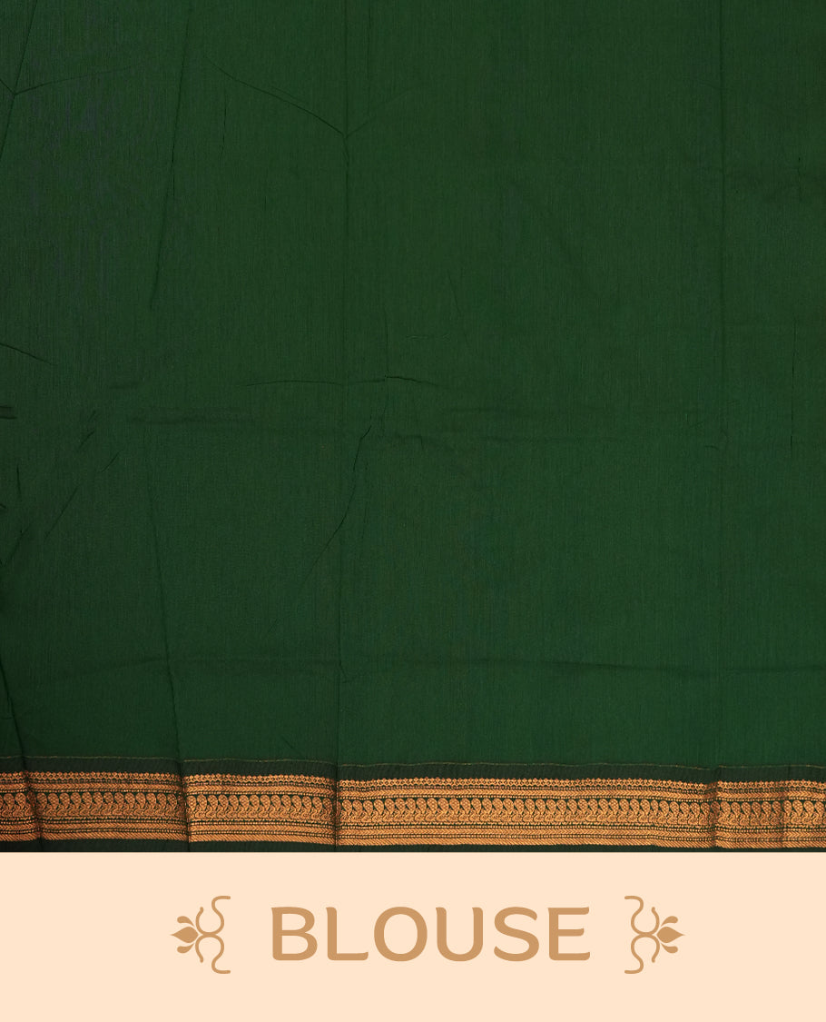 Mustard yellow colour Kalyani Cotton saree with rich green border and pallu, featuring copper zari peacock motifs and intricate weaving & Includes a matching blouse piece.