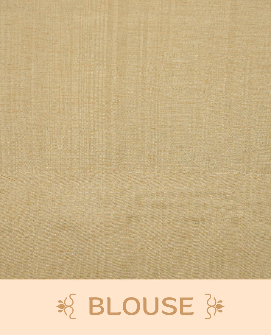 Cream colour semi Tussar saree highlights gold zari check pattern across body, border, pallu and paired with matching blouse piece.