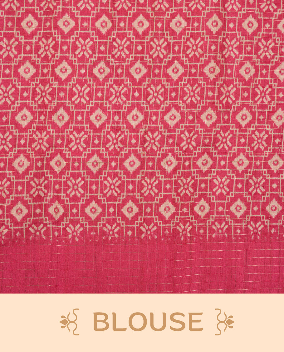 Beige colour semi tussar silk saree highlighting elegant plain body, contrast pink colour border with gold zari box pattern, pallu and comes with matching blouse piece.