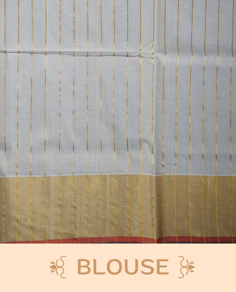 Off white Cotton Kerala saree with a striped body, wide golden zari border with orange and brown accents, and traditional pallu, paired with a matching blouse.