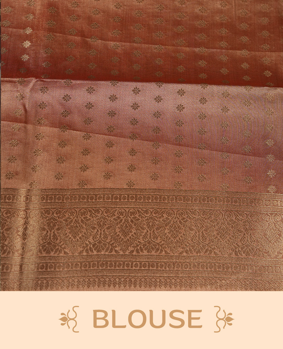 Orange & Gold double shade colour tissue banaras silk saree featuring antique gold zari motifs on the body with rich traditional zari border and pallu, paired with a matching blouse piece.