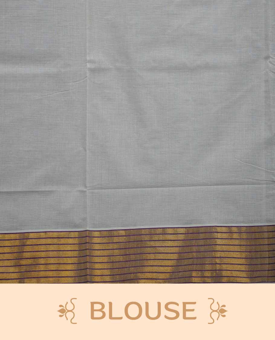 Off white Kerala saree with subtle woven motifs, striped zari border with purple accents, and rich traditional zari pallu, paired with a matching blouse.