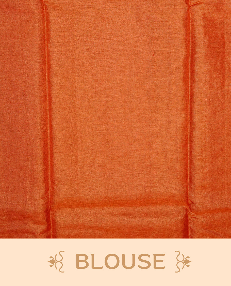 Burnt Orange colour pure tussar silk saree featuring Light gold zari floral kodi work on the body, a plain border, grand pallu, Paired With a matching blouse piece.