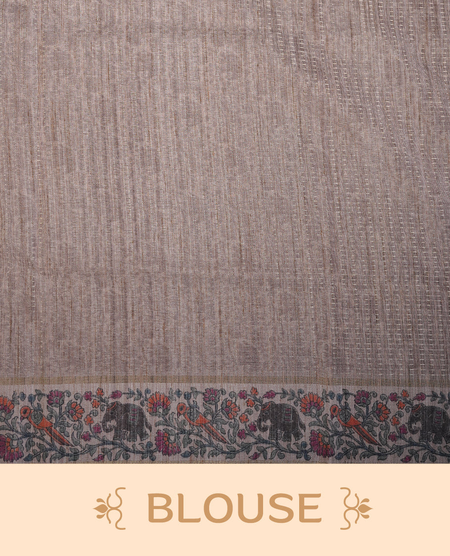 Brown colour tussar saree featuring golden zari dot stripped pattern on the body, complemented by a contrast cream colour mutlicolour floral kodi & animal print on border & pallu, paired with a matching blouse.