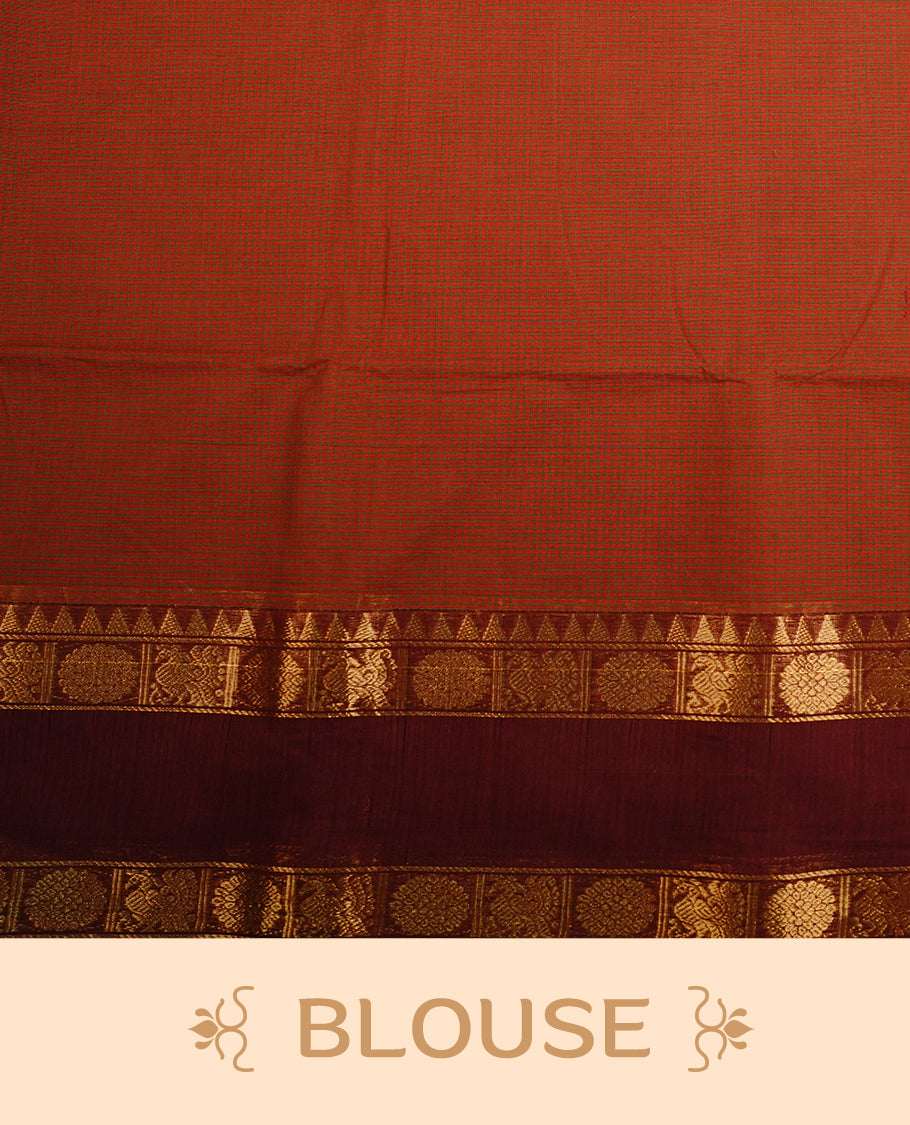 Mustard colour chettinad cotton saree featuring Brown Check Patterns On body, complemented by Contrast Brown Colour With Peacock & Chakra Gold Zari border, paired with matching blouse piece.