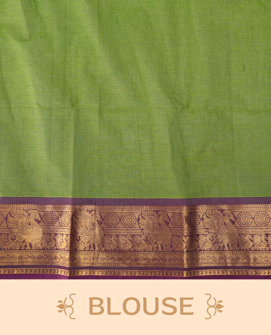 Lemon green colour chettinad cotton saree featuring gold zari stripes on body, complemented by contrast magenta colour with gold zari border, paired with matching blouse piece.