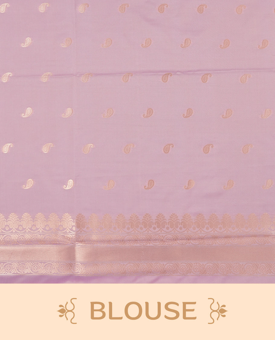 Lavender colour semi soft silk saree featuring an all-over woven leaf pattern in gold colour , finished with a matching border adorned with detailed paisley and floral motifs, and a matching blouse piece.